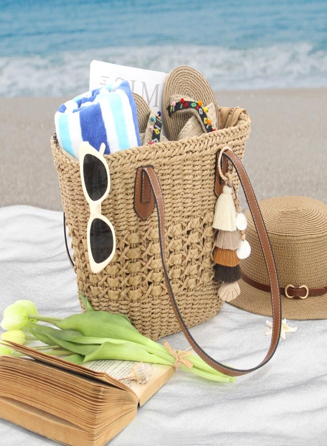 RUNROLE Straw Purse with Tassel Hat Clip, Beach Bag for Women, Handmade Large Woven Purse, Summer Raffia Tote Shoulder Bag - Image 4